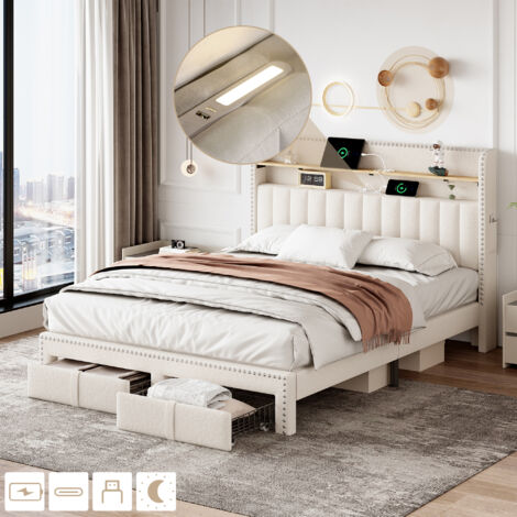 4ft6 Double Upholstered Bed with 2 Storage Drawers, Storage Bed with Charging and Lighting, Linen, Beige, 135x190cm (No Mattress)
