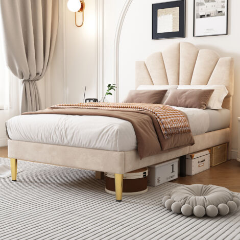 Velvet upholstered 3ft bed, Single Bed, shell-like bed with golden iron legs, wooden slatted frame, Beige, (90x190cm)