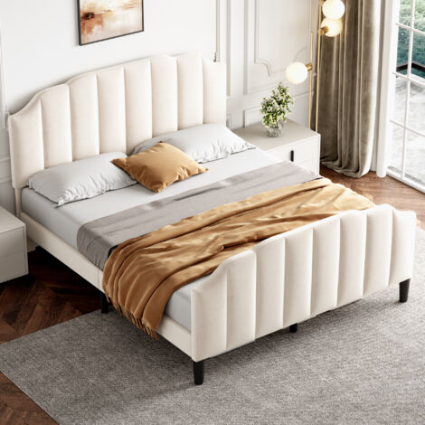 4ft6 Double Upholstered Bed Frame - Tufted Headboard, Velvet Platform Bed Frame with Solid Wood Slat and Mute Foam, Beige (No Mattress) (1/5)