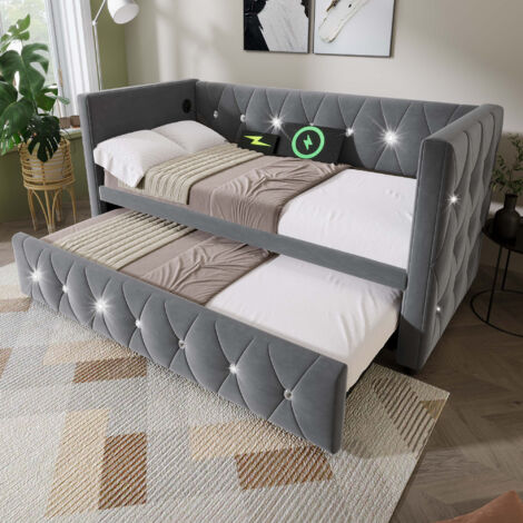 3FT Daybed Single Upholstered Bed Sofa Bed with USB &Type C Charging, with Trundle, Pull out Trundle for Living Room and Bedroom, Velvet , 90x190cm, Grey