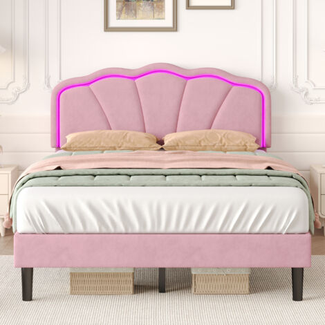 4ft6 Double Upholstered Bed with LED Adjustable Shell Shape Headboard, Soft Velvet Bed Frame with Solid Wood Slat, No Box Spring Needed, Pink, 135x190cm (No Mattress) (1/5)
