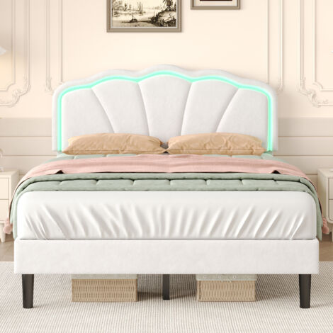 4ft6 Double Upholstered Bed with LED Adjustable Shell Shape Headboard ...
