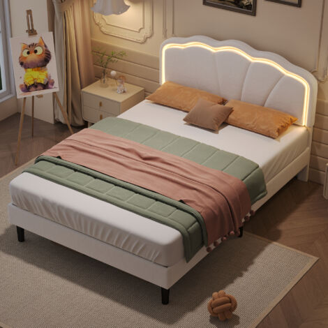 4ft6 Double Upholstered Bed with LED Adjustable Shell Shape Headboard ...