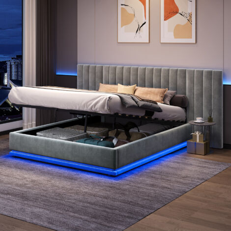 5ft Ottoman Bed with LED Lighting, Velvet Upholstered Bed,  Double Bed Frame with Tufted Wide Headboard, No Box Spring Needed, Grey, 150x200cm (No Mattress)