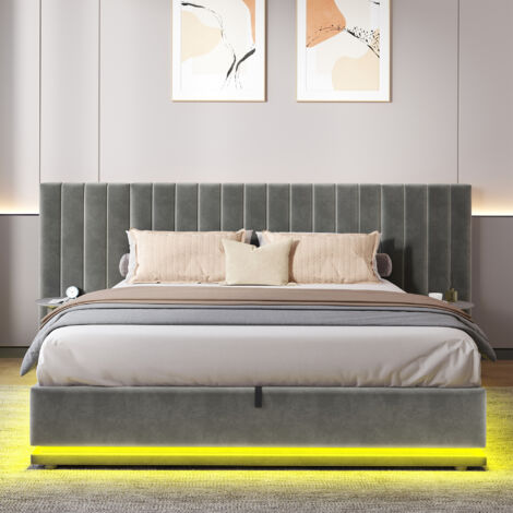 5ft Ottoman Bed with LED Lighting, Velvet Upholstered Bed,  Double Bed Frame with Tufted Wide Headboard, No Box Spring Needed, Grey, 150x200cm (No Mattress)