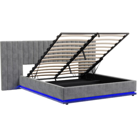5ft Ottoman Bed with LED Lighting, Velvet Upholstered Bed,  Double Bed Frame with Tufted Wide Headboard, No Box Spring Needed, Grey, 150x200cm (No Mattress)