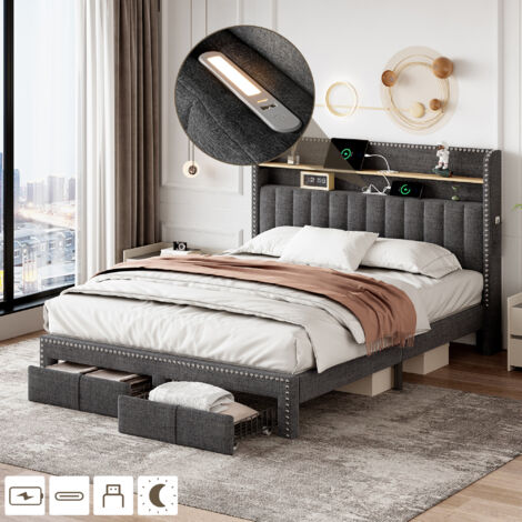 4ft6 Double Upholstered Bed with 2 Storage Drawers, Storage Bed with Charging and Lighting, Linen, Grey, 135x190cm (No Mattress)