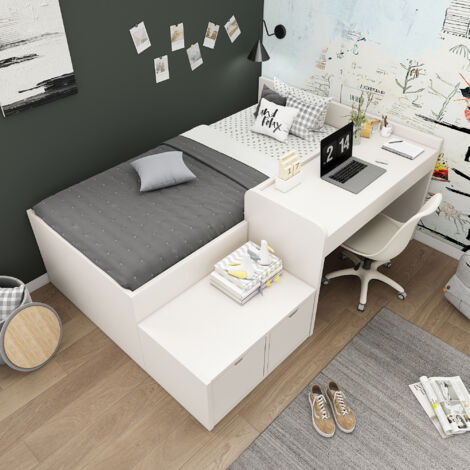3ft  Kids Single Bed with Desk and Drawers, with Storage, Single Bed with Slatted Frame, White, 90 x190cm (No Mattress)