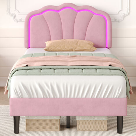 3ft Single Upholstered Bed with LED Adjustable Shell Shape Headboard, Soft Velvet Bed Frame with Solid Wood Slat, No Box Spring Needed, Pink, 90x190cm (No Mattress) (1/5)