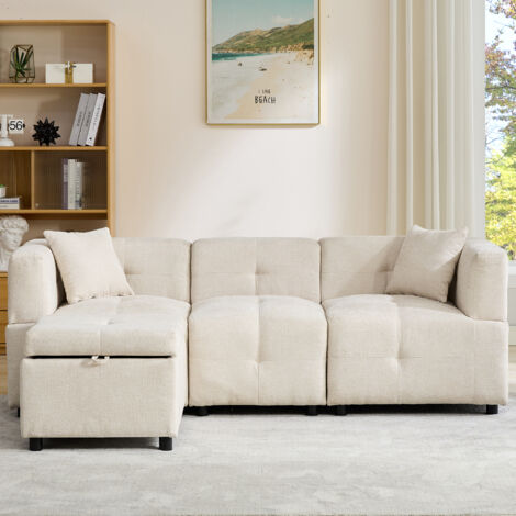 Sectional Sofa Couch with Removable Storage Ottoman, Fabric Sofa for Living Room, L- Shaped Sofa with 2 Pillows, Beige