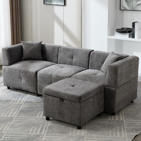 Sectional Sofa Couch with Removable Storage Ottoman, Fabric Sofa for Living Room, L- Shaped Sofa with 2 Pillows, Grey