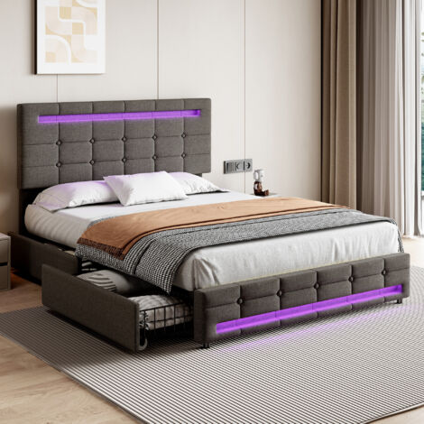 4ft6 Double Upholstered Bed with LED Lighting and 4Drawers, Linen Fabric Storage Bed Frame with Adjustable Button Tufted Headboard, Easy Assembly, Grey (No Mattress) (1/5)