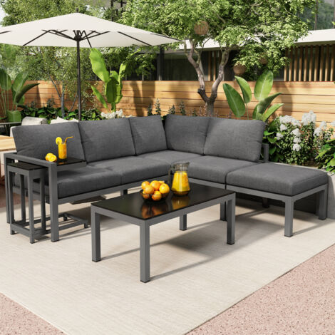 Aluminum Garden Furniture Set - 2 Sofas, 1 Stool and 2 Coffee Tables - with All Cushions - Grey (1/5)