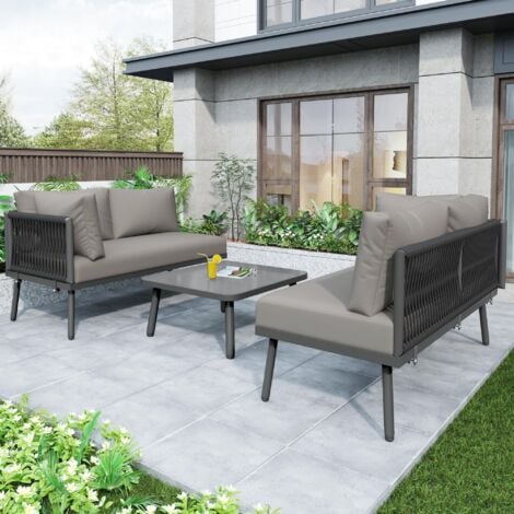 Garden furniture set - 4 seats - outdoor corner sofa with cushions - 2 sofas and 1 coffee table - decorated with braided rope - Grey