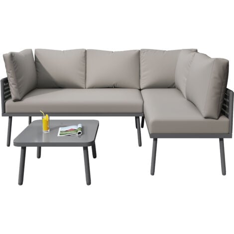 Garden furniture set - 4 seats - outdoor corner sofa with cushions - 2 sofas and 1 coffee table - decorated with braided rope - Grey