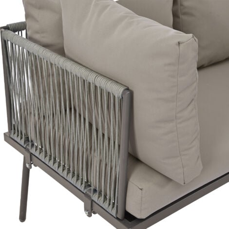 Garden furniture set - 4 seats - outdoor corner sofa with cushions - 2 sofas and 1 coffee table - decorated with braided rope - Grey