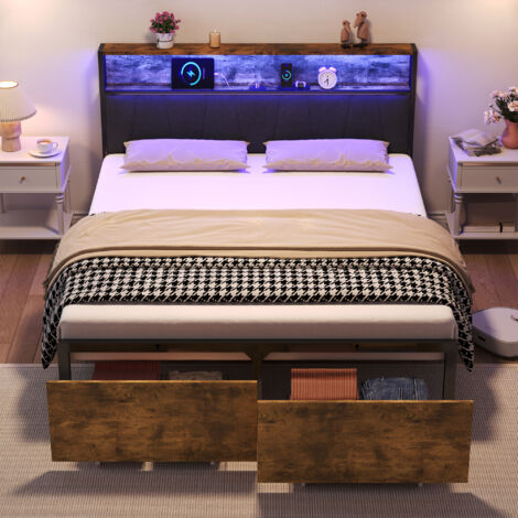 4ft6 Double Bed Frame with 2 Storage Drawers, LED Storage Headboard with Charging Station, Metal Platform Bed Frame, Black+Walnut (No Mattress)