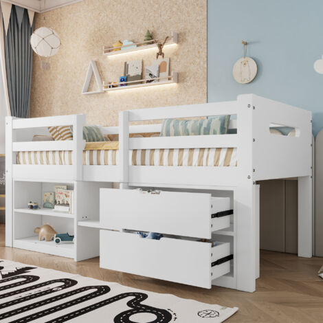 Children's bed, 3ft single bed 90x190cm, Mid Sleeper Bed Frame, 2 drawers with slides, 2 storage compartments, Pine wood + particle board, White (1/5)