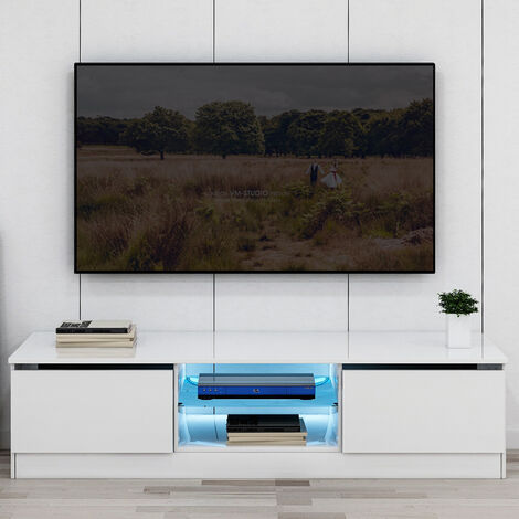 Modern TV Unit, LED TV Stand 120cm, with Storage Cabinet 16 Colors LED RGB lights, White High Gloss Front