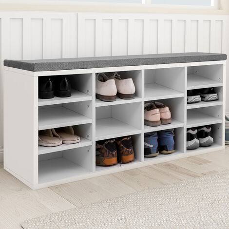 Wooden Shoe Bench Storage Shoe Cabinet Rack Hallway Cupboard Organizer with Seat Cushion 104 x 30 x 48 cm(W x D x H) (White, 14-Grids)