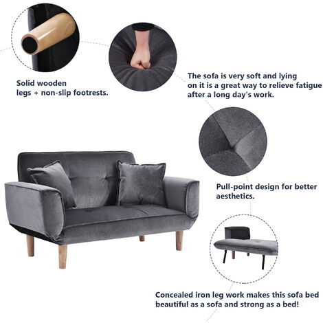 Convertible Sofa Bed 2 Seater Wood Frame, Flannel, Dark Grey