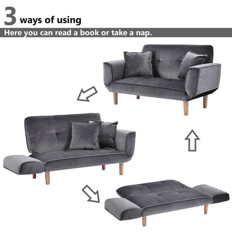 Convertible Sofa Bed 2 Seater Wood Frame, Flannel, Dark Grey