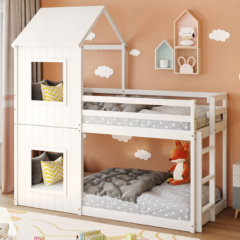 Bunk bed House Bed 3FT Treehouse Cabin Bed Frame with Treehouse Canopy & Ladder White