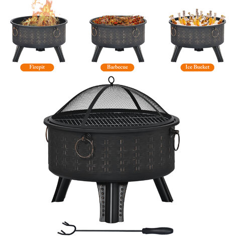 Outdoor Fire Pit 3 in 1 Heater Garden Brazier Bonfire Fire pit, Patio Garden BBQ Camping, Fireplace with Mesh Cover, Cooking Grate, Poker