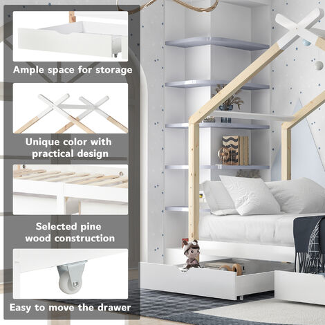 3 FT Single Bed Frame Kid House Bed with Storage Two Drawers Tree House Solid Pine Wood 90x190 cm White and Natural