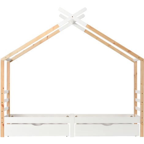 3 FT Single Bed Frame Kid House Bed with Storage Two Drawers Tree House Solid Pine Wood 90x190 cm White and Natural