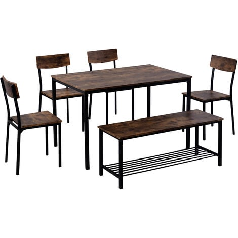 6 Pcs Dining Table Set 1 Table with 4 Chairs + 1 Bench, Kitchen Dining Set, Industrial Style, Steel Frame