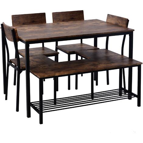 6 Pcs Dining Table Set 1 Table with 4 Chairs + 1 Bench, Kitchen Dining Set, Industrial Style, Steel Frame