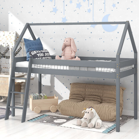 Cabin bed Children's House Bed Loft Bed for Kids Mid-Sleeper Children Bed with Ladder 90X190cm Gray
