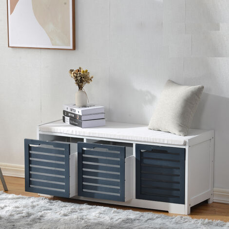 Storage Bench with 3 Drawers and Removable Seat Cushion, Hallway Bench Seat Shoe Cabinet Shoe Bench White+Antique Navy