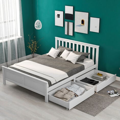 4ft6 Double Bed Frame with Storage 2 drawers Wooden Solid White Pine Bed For Adults, Kids, Teenagers 190x135cm