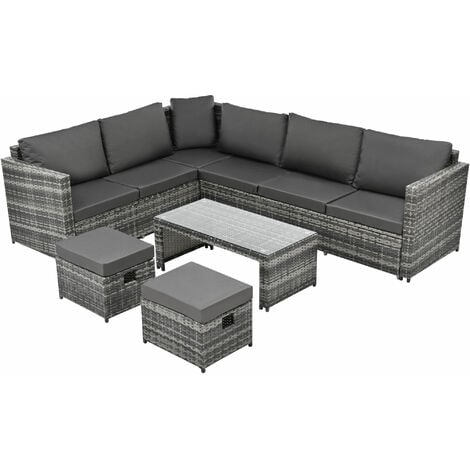 Rattan Garden Furniture Set 8 Seater Rattan Sofa Garden Corner Sofa Set Garden Lounge with Coffee table & 2 stools