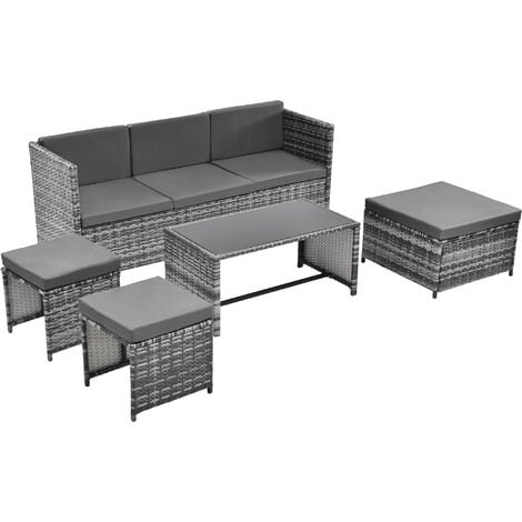 Rattan Garden Furniture Set 6 Seater Rattan Sofa Set, Outdoor Sun Lounger with adjustable angle, Glass Top Coffee Table