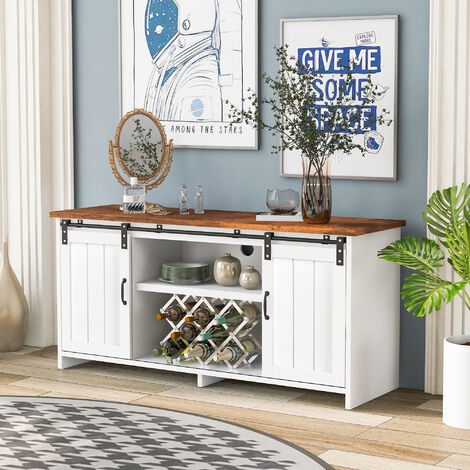 Sideboard Buffet Storage Cabinet with Door, Adjustable Shelves Vintage Industrial Style, White