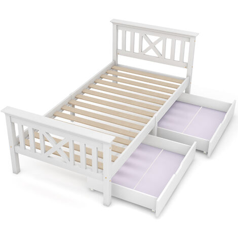 3FT Single Bed with Drawers Wooden Bed Frame Single Storage Bed For Adults, Kids, Teenagers, 90x190 cm, White