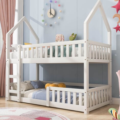 Bunk Bed House Bed Kid Bed 3FT Single bed Wooden Bed Frame for Kids with Ladder and Guard Rail 90x190 cm White