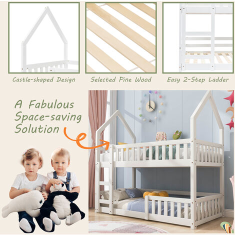 Bunk Bed House Bed Kid Bed 3FT Single bed Wooden Bed Frame for Kids with Ladder and Guard Rail 90x190 cm White