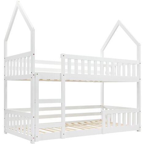 Bunk Bed House Bed Kid Bed 3FT Single bed Wooden Bed Frame for Kids with Ladder and Guard Rail 90x190 cm White