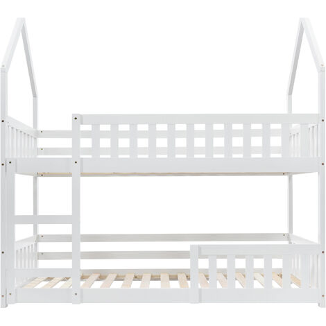 Bunk Bed House Bed Kid Bed 3FT Single bed Wooden Bed Frame for Kids with Ladder and Guard Rail 90x190 cm White