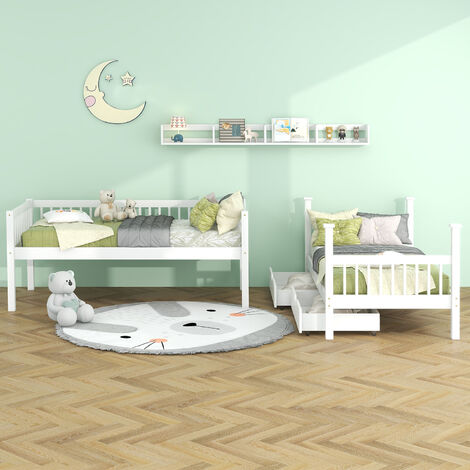 Bunk Bed with Shelf and 2 Drawers, Convertible Bed, 3FT Children's Bed with Storage, Solid Pine Wood, 90x190cm, White