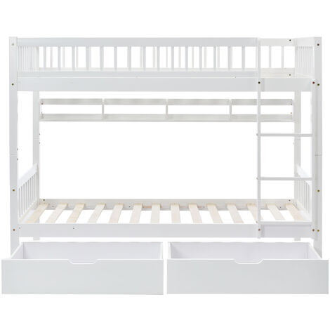 Bunk Bed with Shelf and 2 Drawers, Convertible Bed, 3FT Children's Bed with Storage, Solid Pine Wood, 90x190cm, White