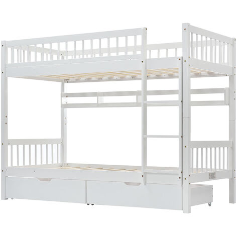 Bunk Bed with Shelf and 2 Drawers, Convertible Bed, 3FT Children's Bed with Storage, Solid Pine Wood, 90x190cm, White