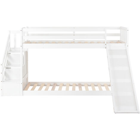Bunk Bed with Slide, Stairs and Storage, 3ft Children Bed 2 Drawers in the Steps, Solid Pine Wood Frame, White
