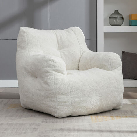 Soft Tufed Foam Bean Bag Chair With Teddy Fabric, Ivory White (1/7)