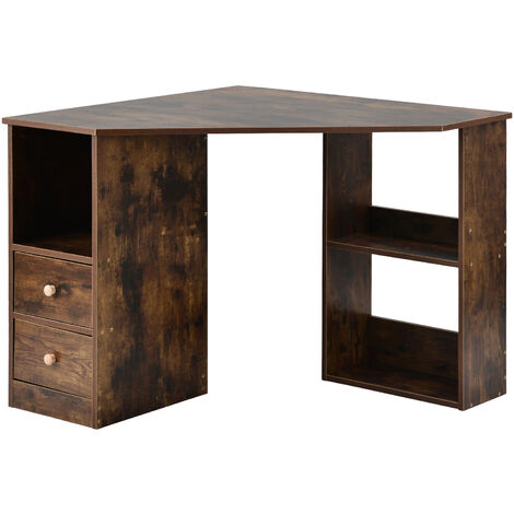 Corner Desk Computer Table with Drawers and Shelves Home Office Writing Workstation, Brown