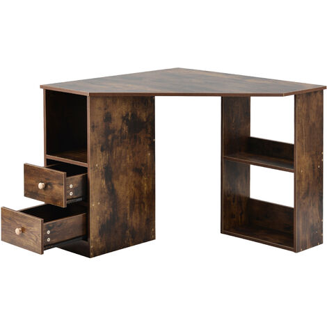 Corner Desk Computer Table with Drawers and Shelves Home Office Writing Workstation, Brown
